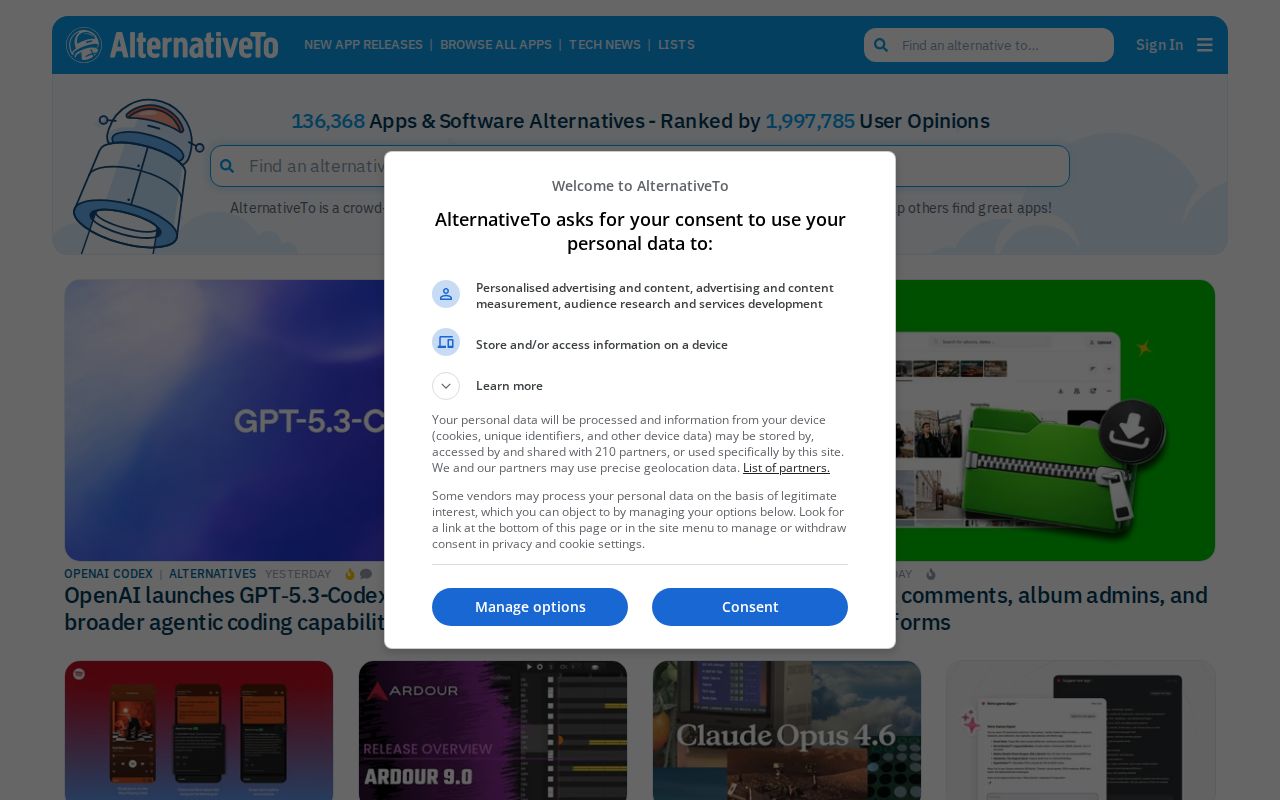 Screenshot of AlternativeTo