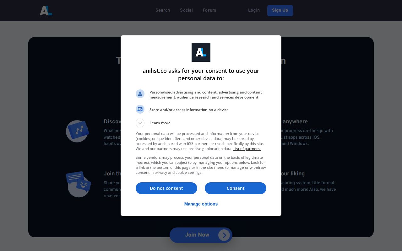 Screenshot of AniList