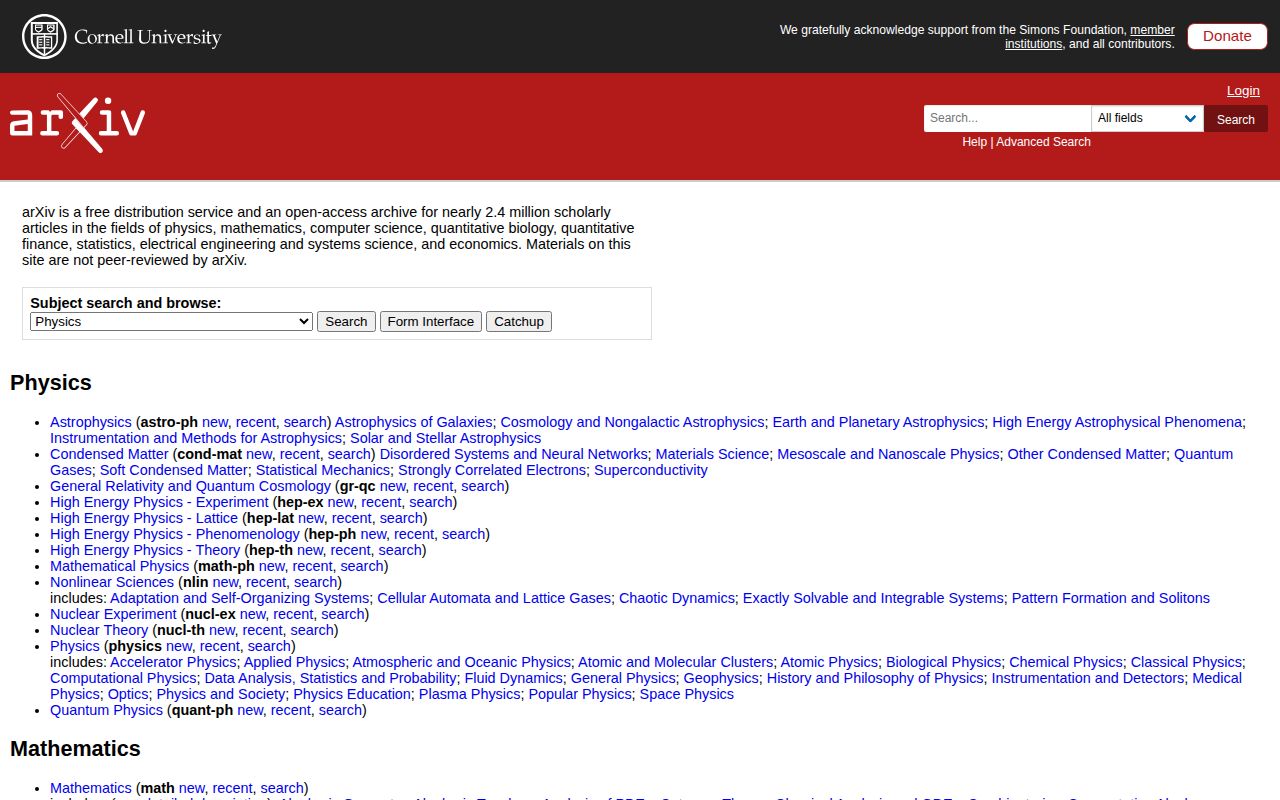 Screenshot of arXiv