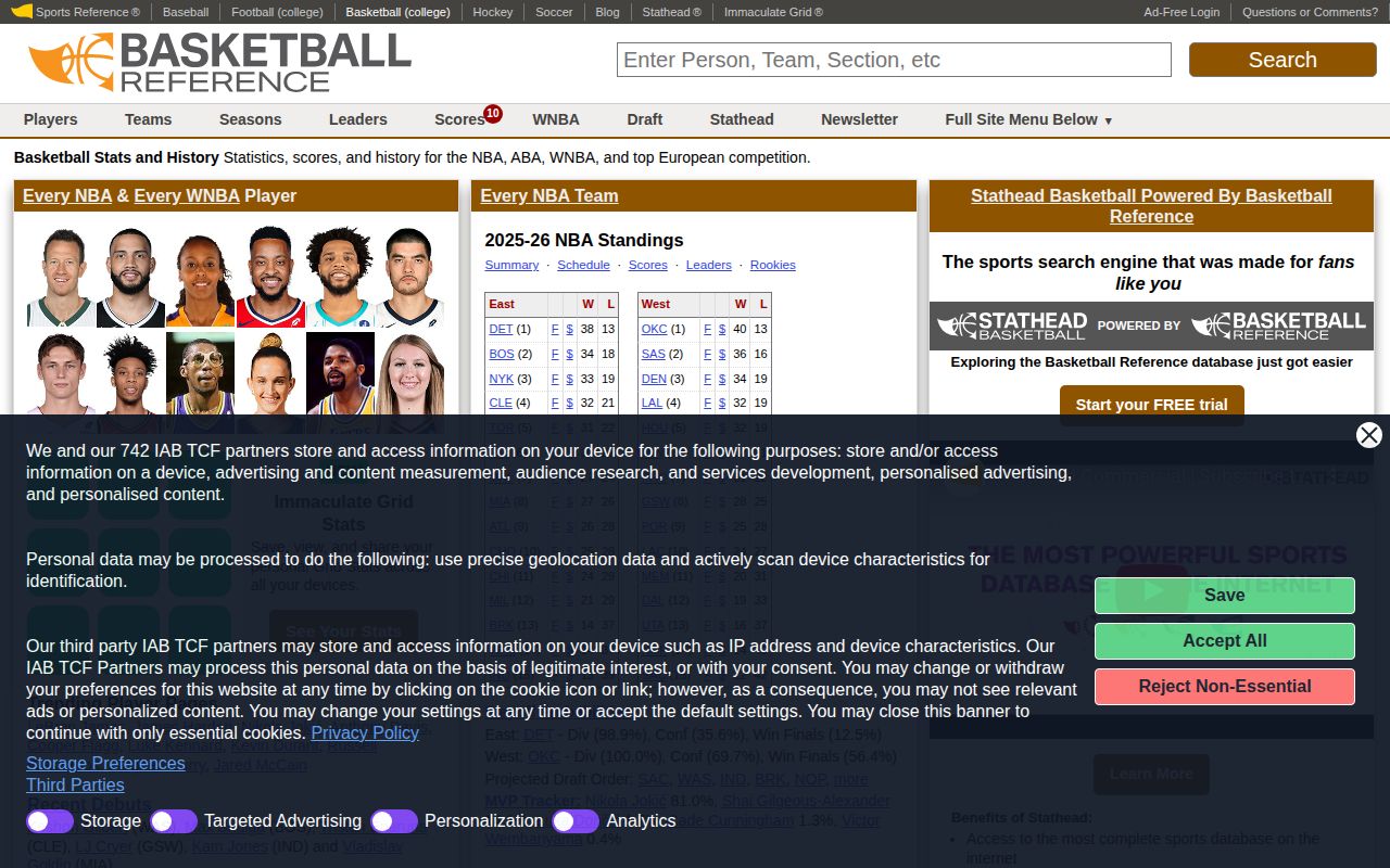 Screenshot of Basketball Reference