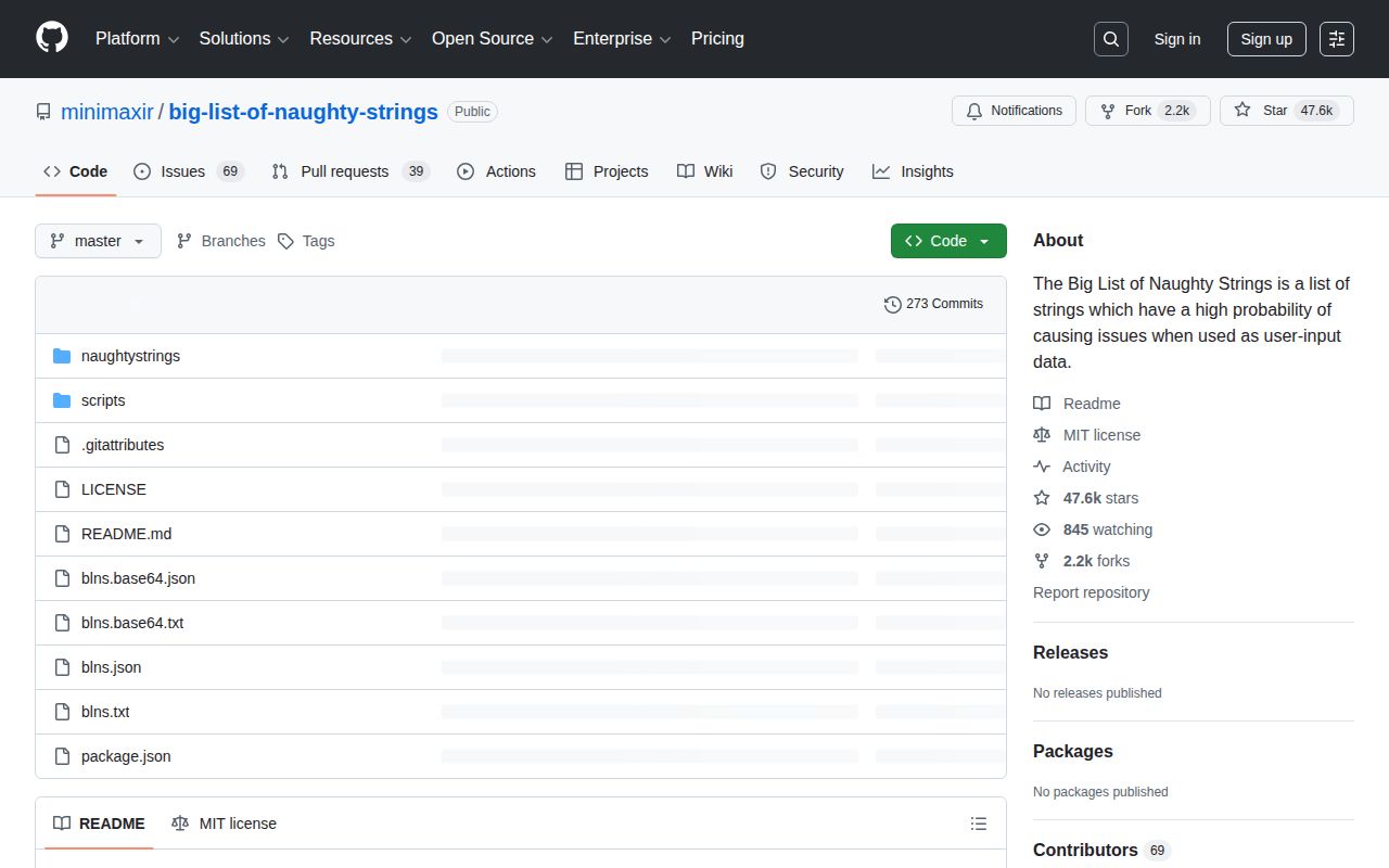 Screenshot of Big List of Naughty Strings