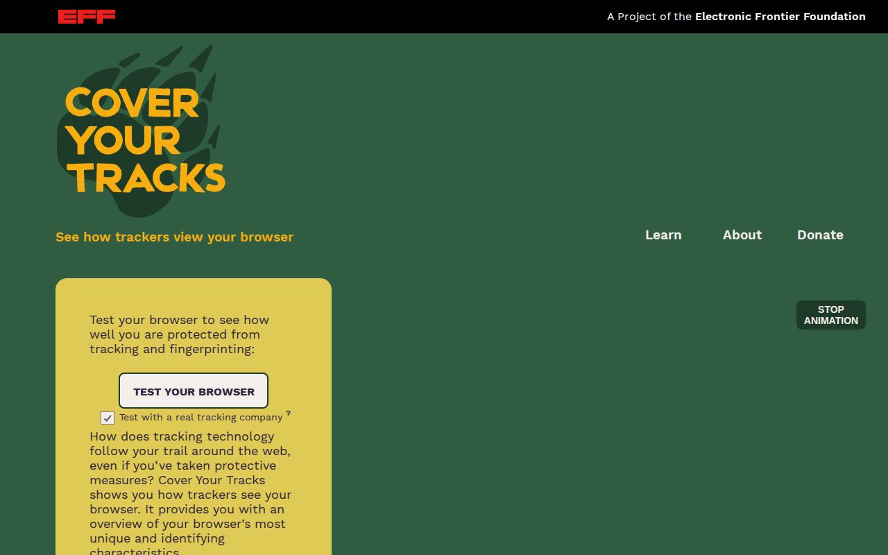 Screenshot of Cover Your Tracks