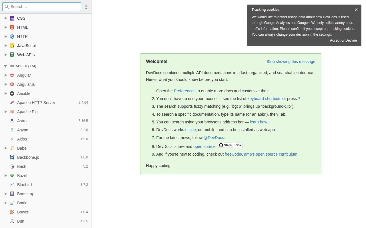 Screenshot of DevDocs