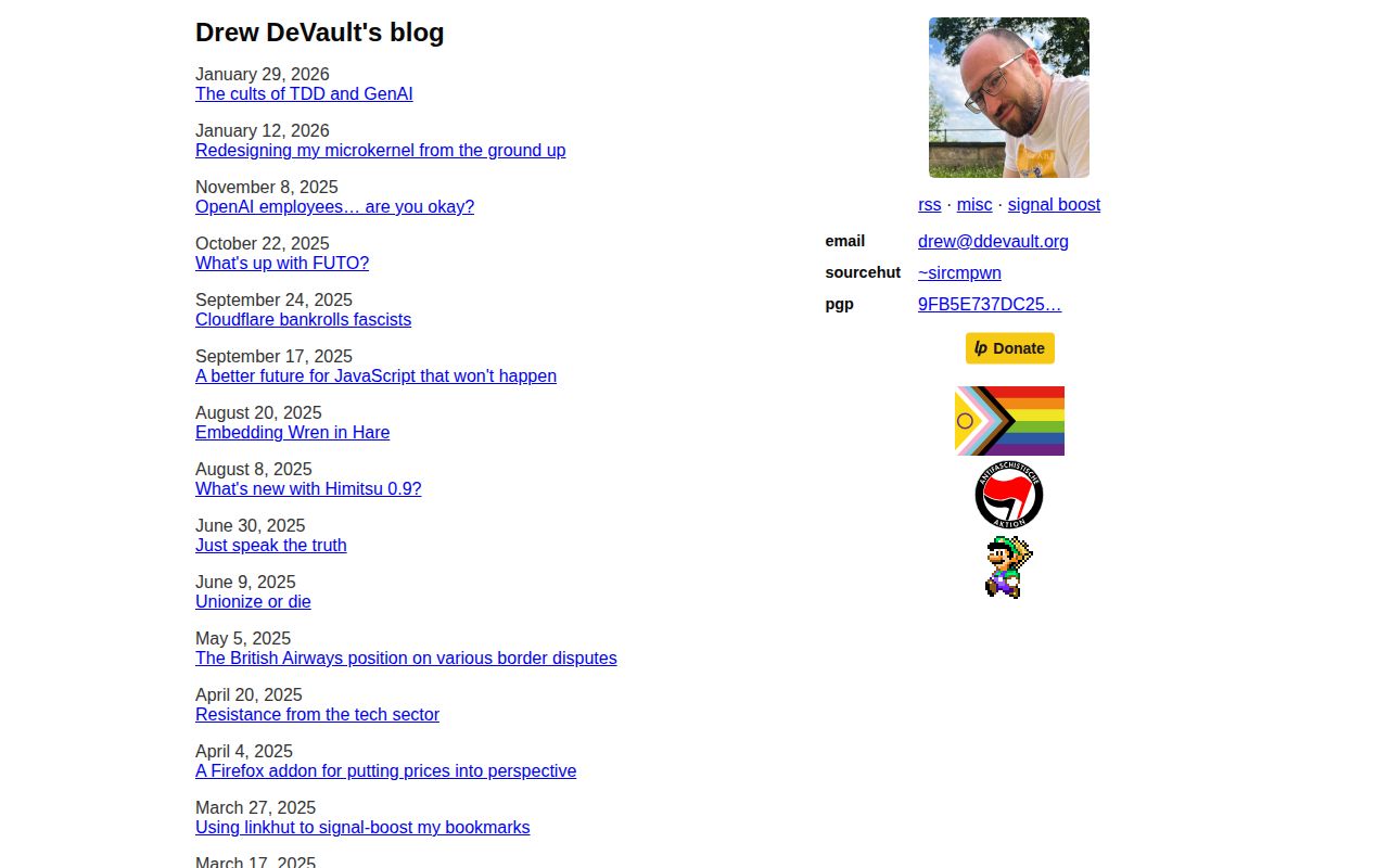 Screenshot of Drew DeVault's Blog