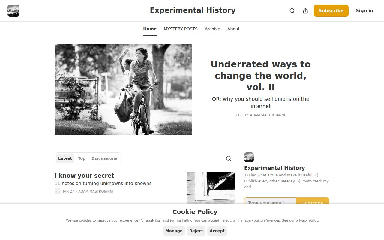 Screenshot of Experimental History