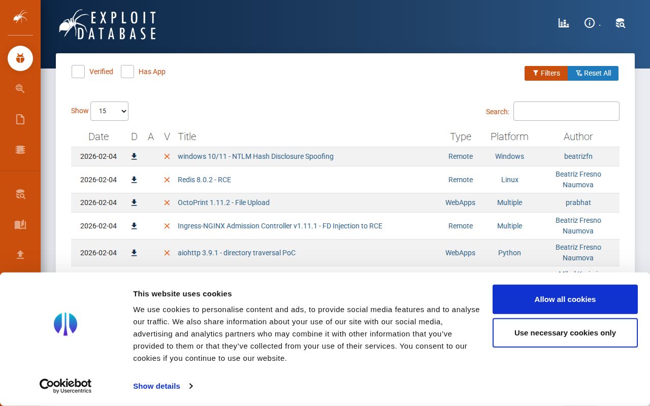 Screenshot of Exploit Database