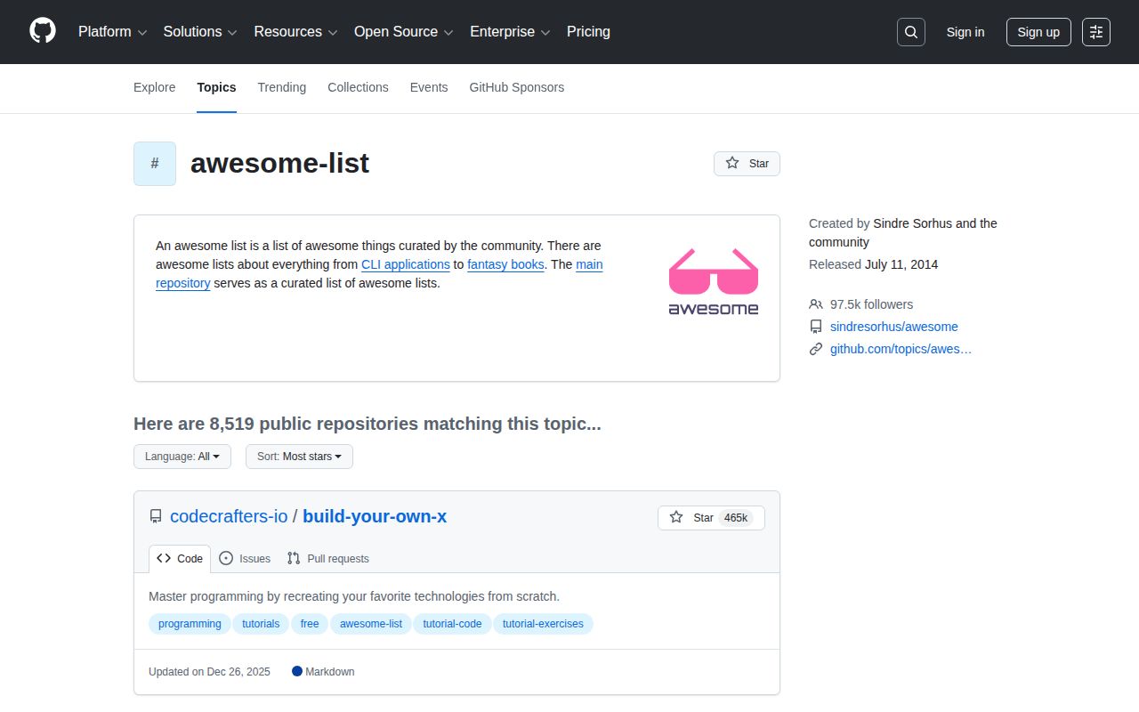Screenshot of GitHub Awesome List Topic