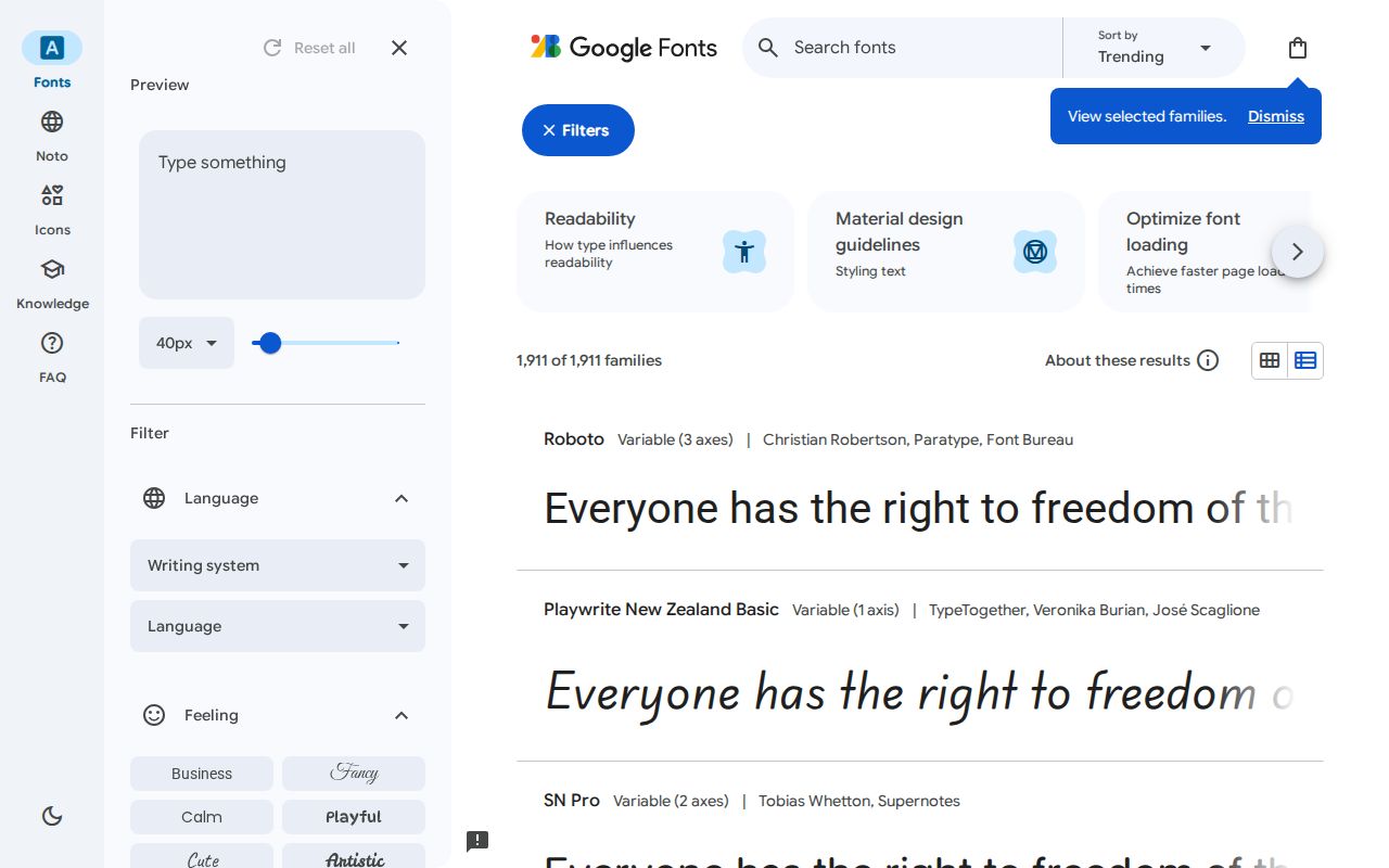 Screenshot of Google Fonts