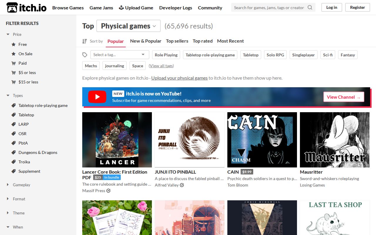 Screenshot of itch.io Physical Games