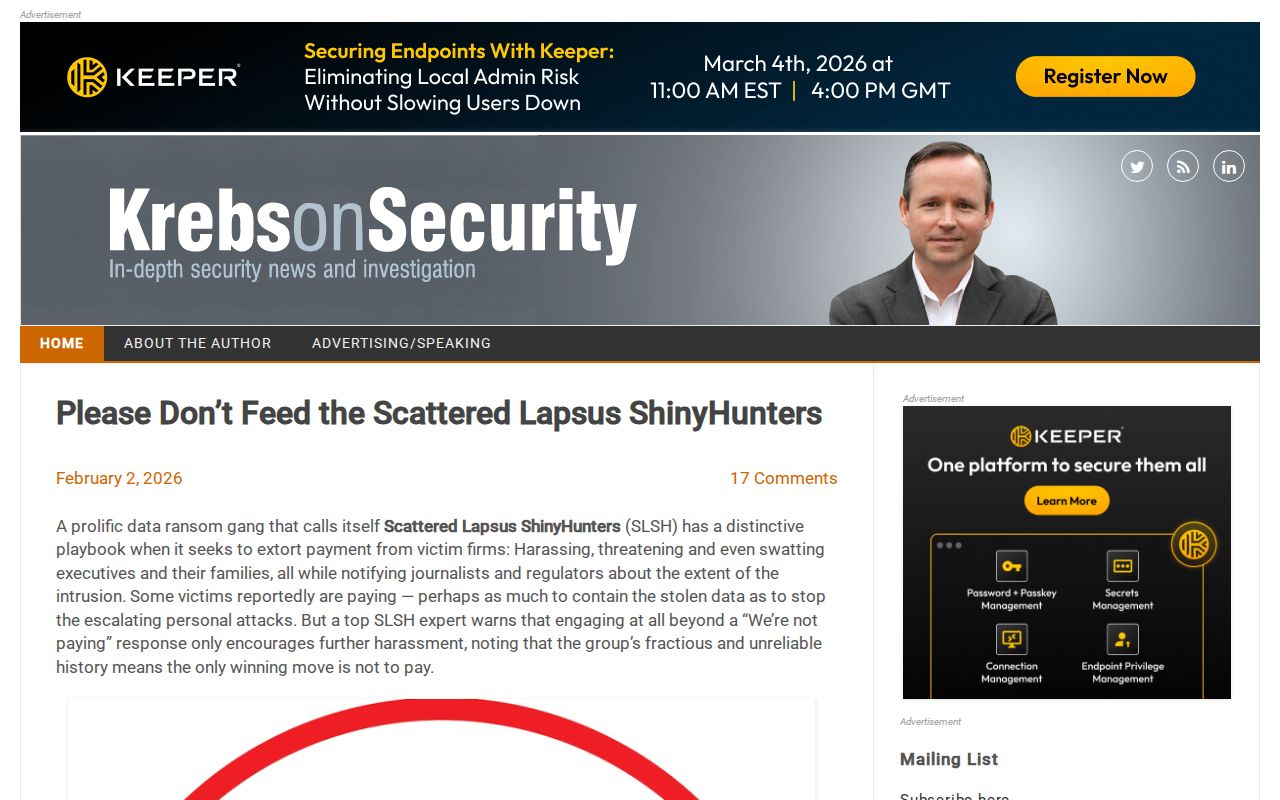 Screenshot of Krebs on Security