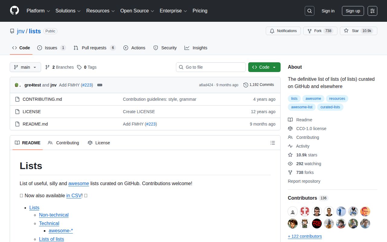 Screenshot of Lists of Lists
