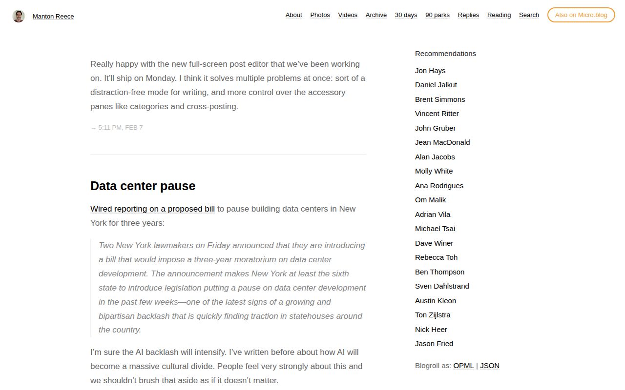 Screenshot of Manton Reece