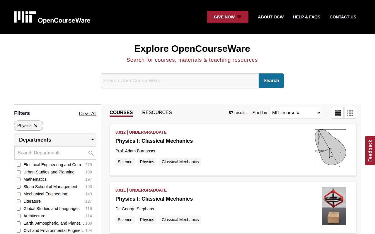Screenshot of MIT Physics OCW