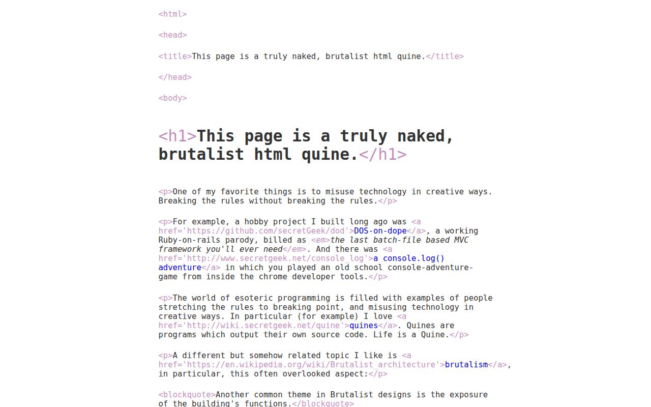 Screenshot of Naked HTML Quine