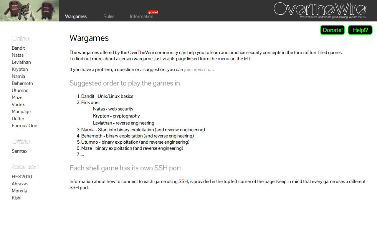 Screenshot of OverTheWire Wargames