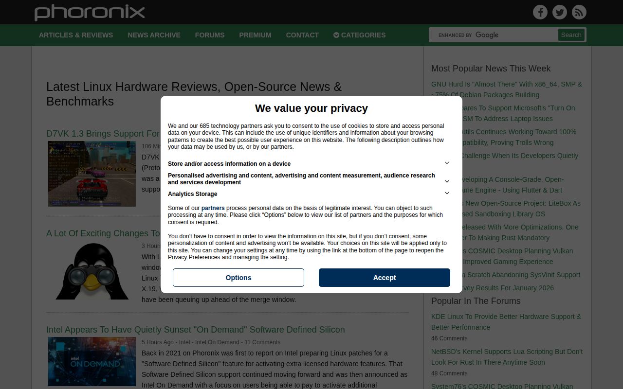 Screenshot of Phoronix