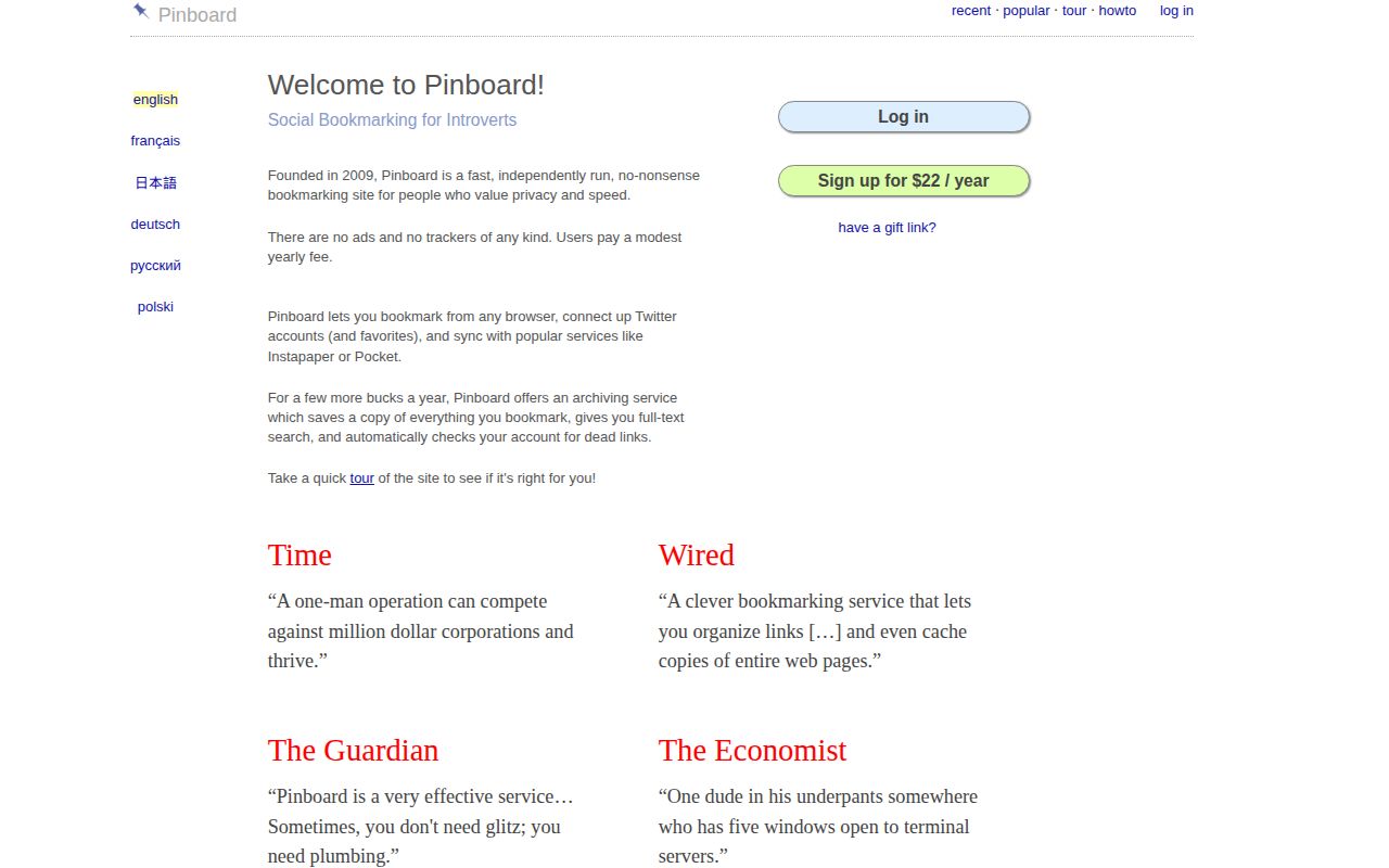 Screenshot of Pinboard