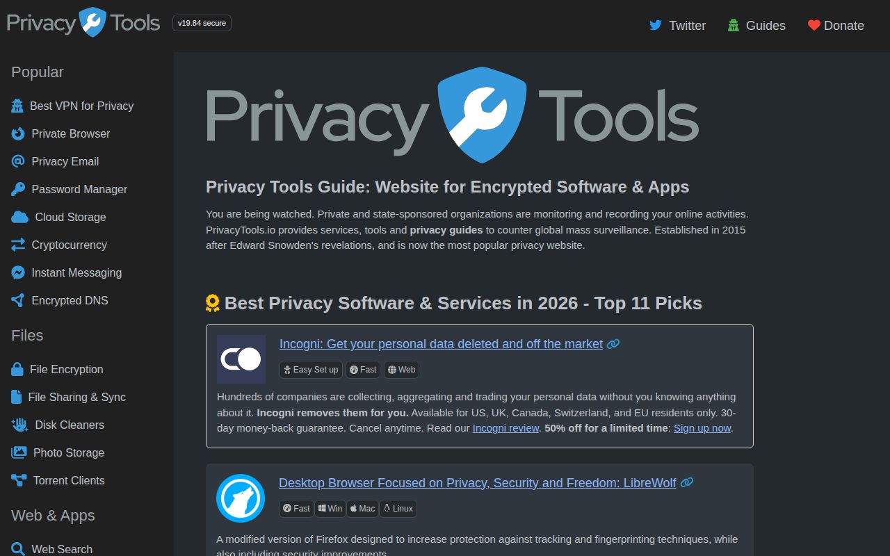Screenshot of Privacy Tools