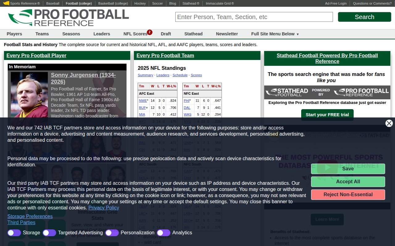 Screenshot of Pro Football Reference