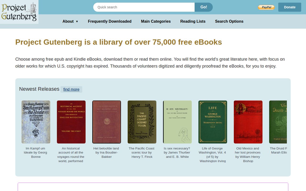 Screenshot of Project Gutenberg