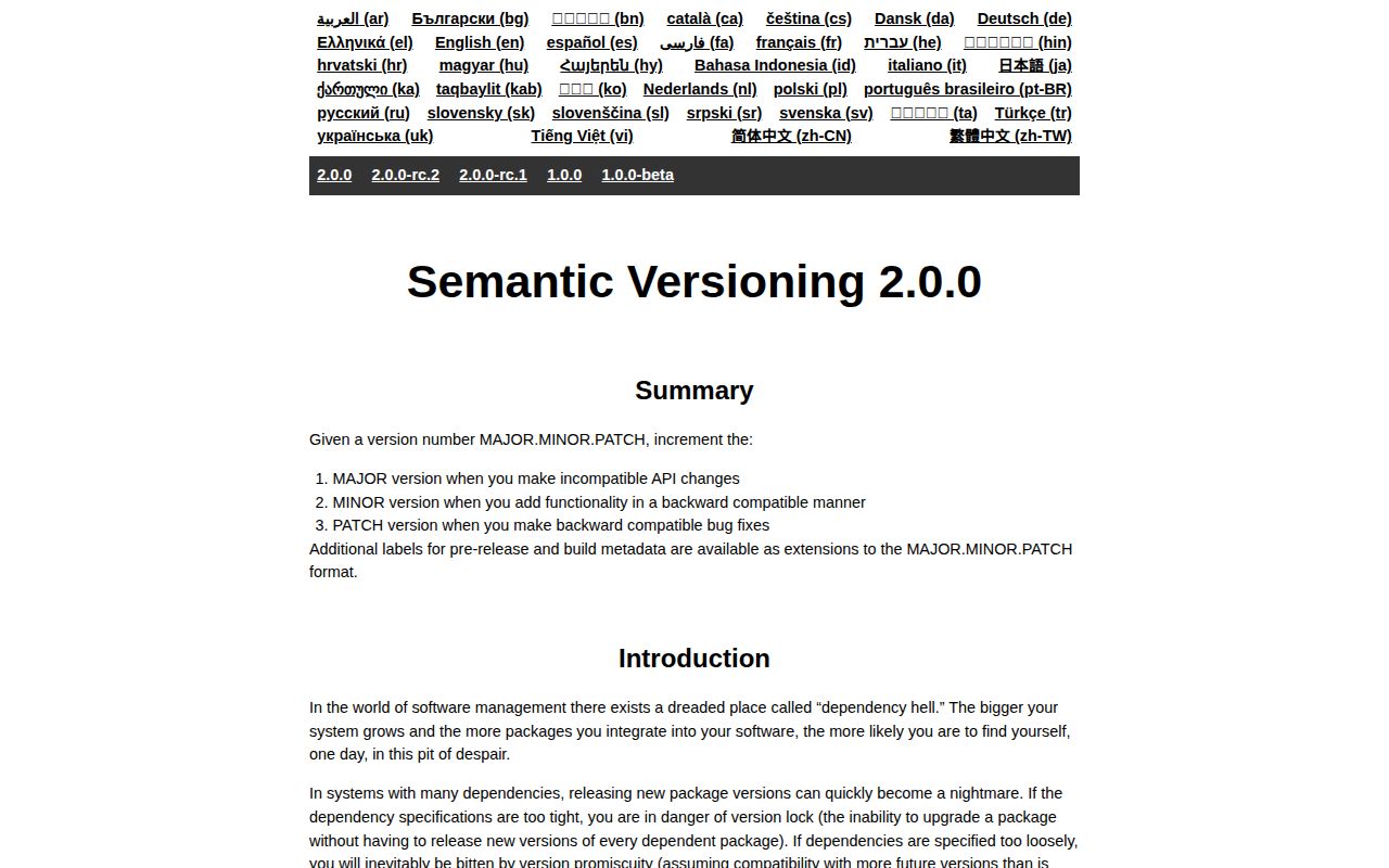 Screenshot of Semantic Versioning