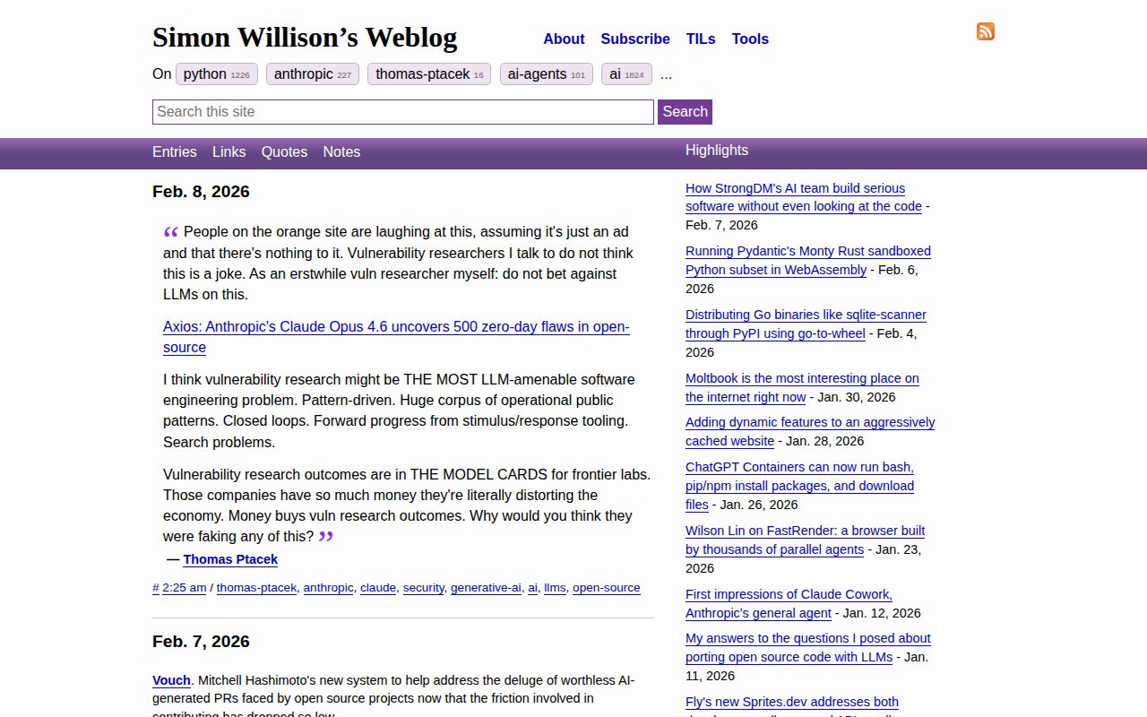 Screenshot of Simon Willison