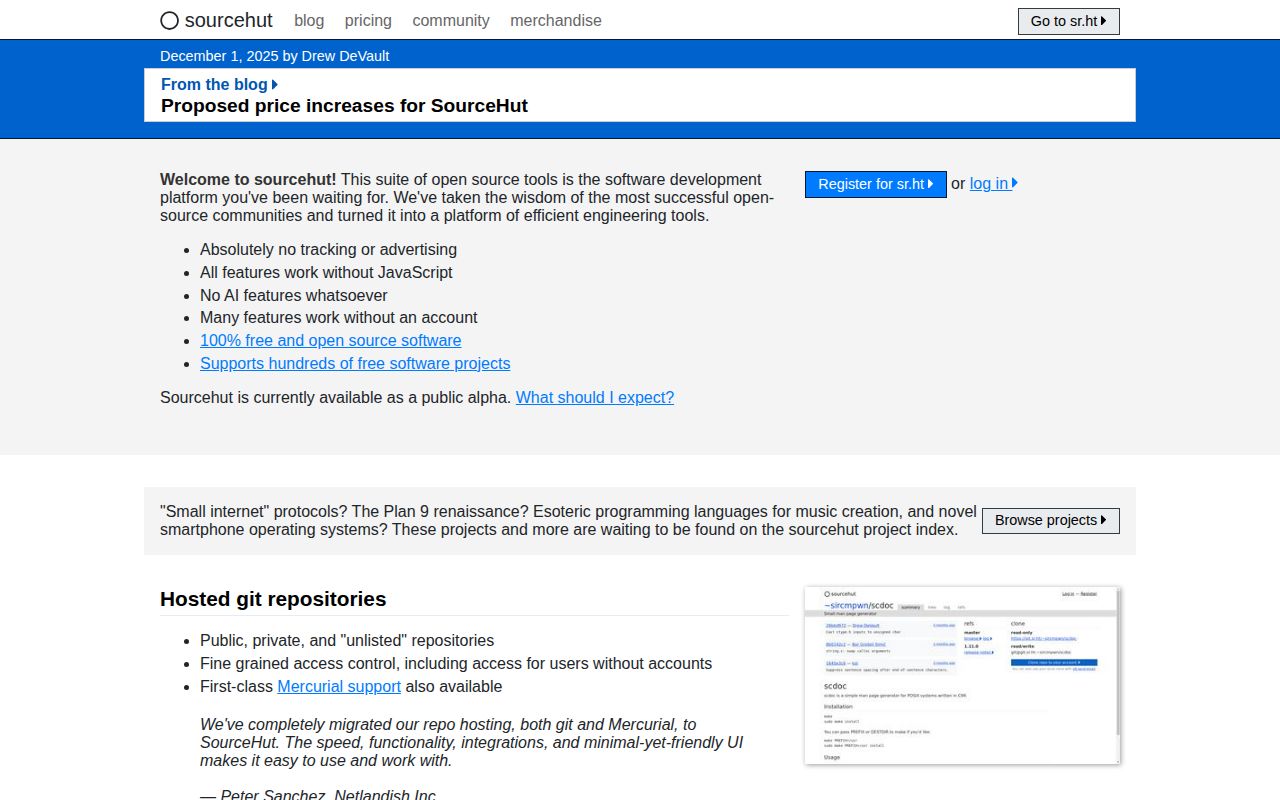 Screenshot of SourceHut