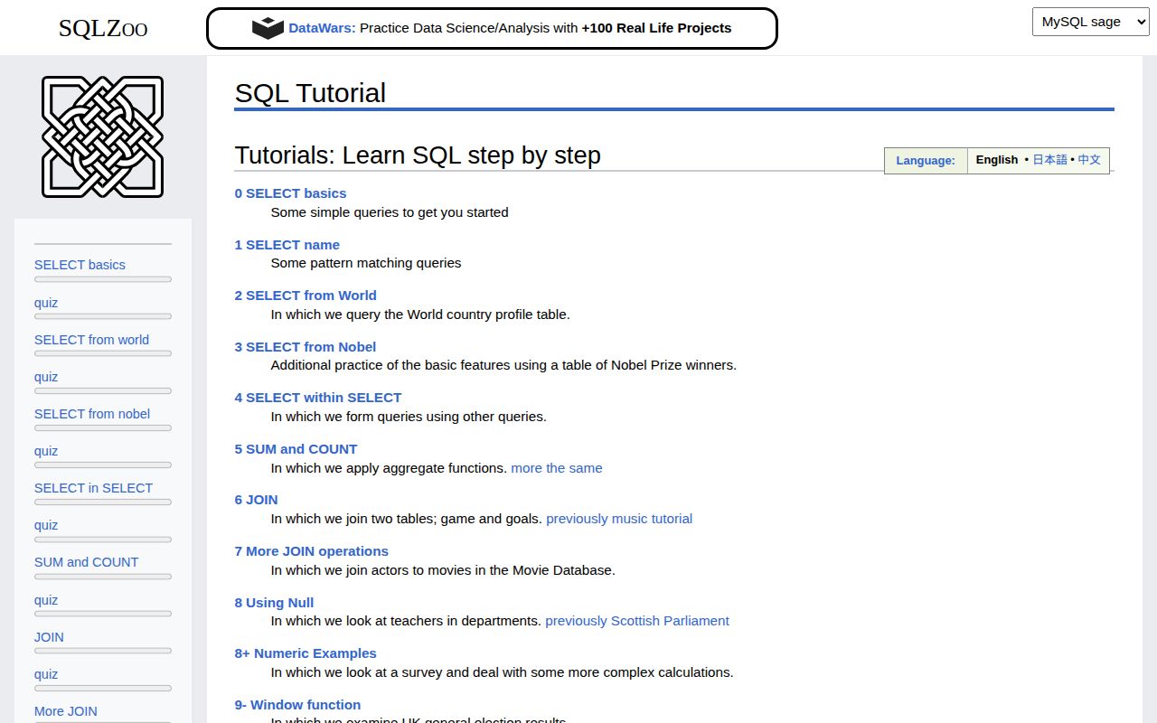 Screenshot of SQLZoo