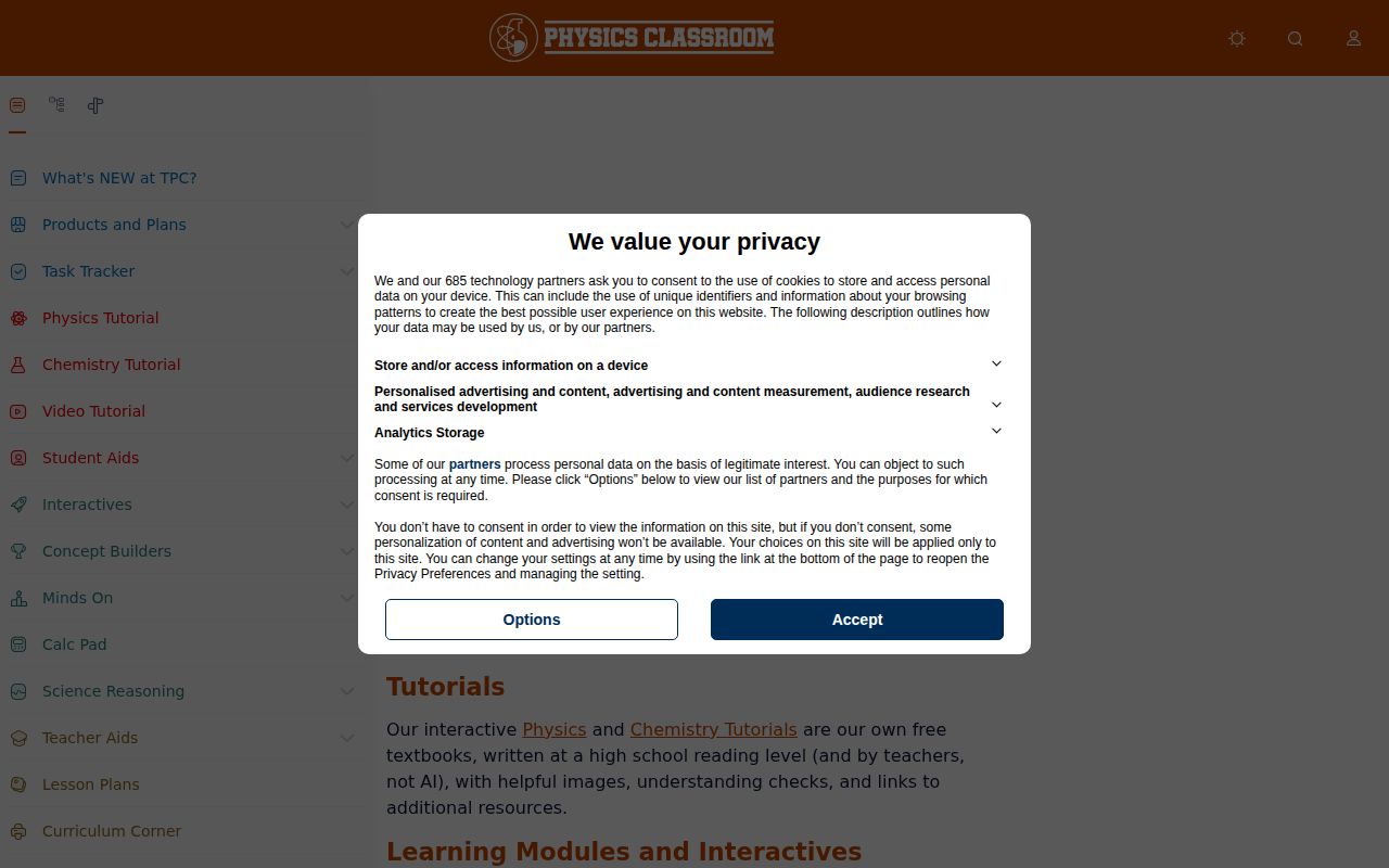 Screenshot of The Physics Classroom