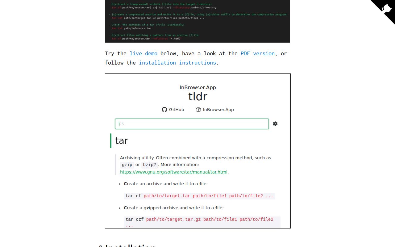 Screenshot of tldr pages