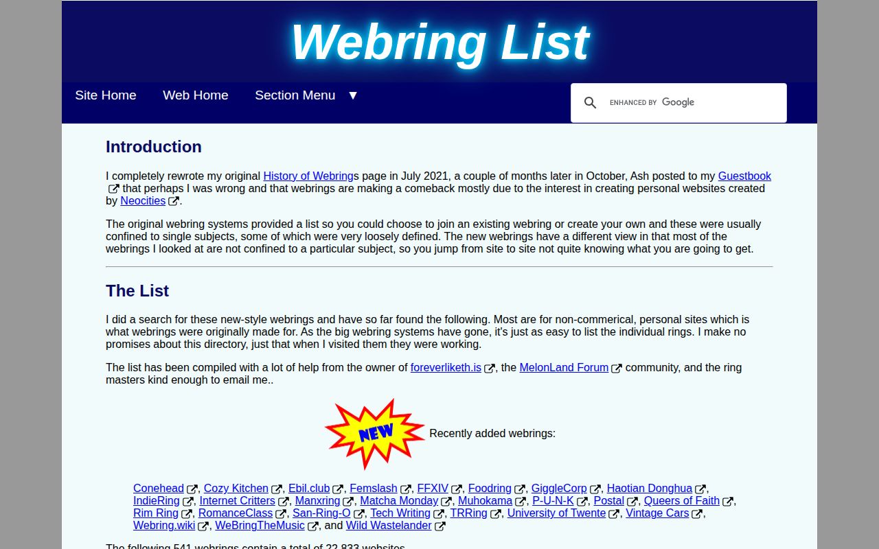 Screenshot of Webring List